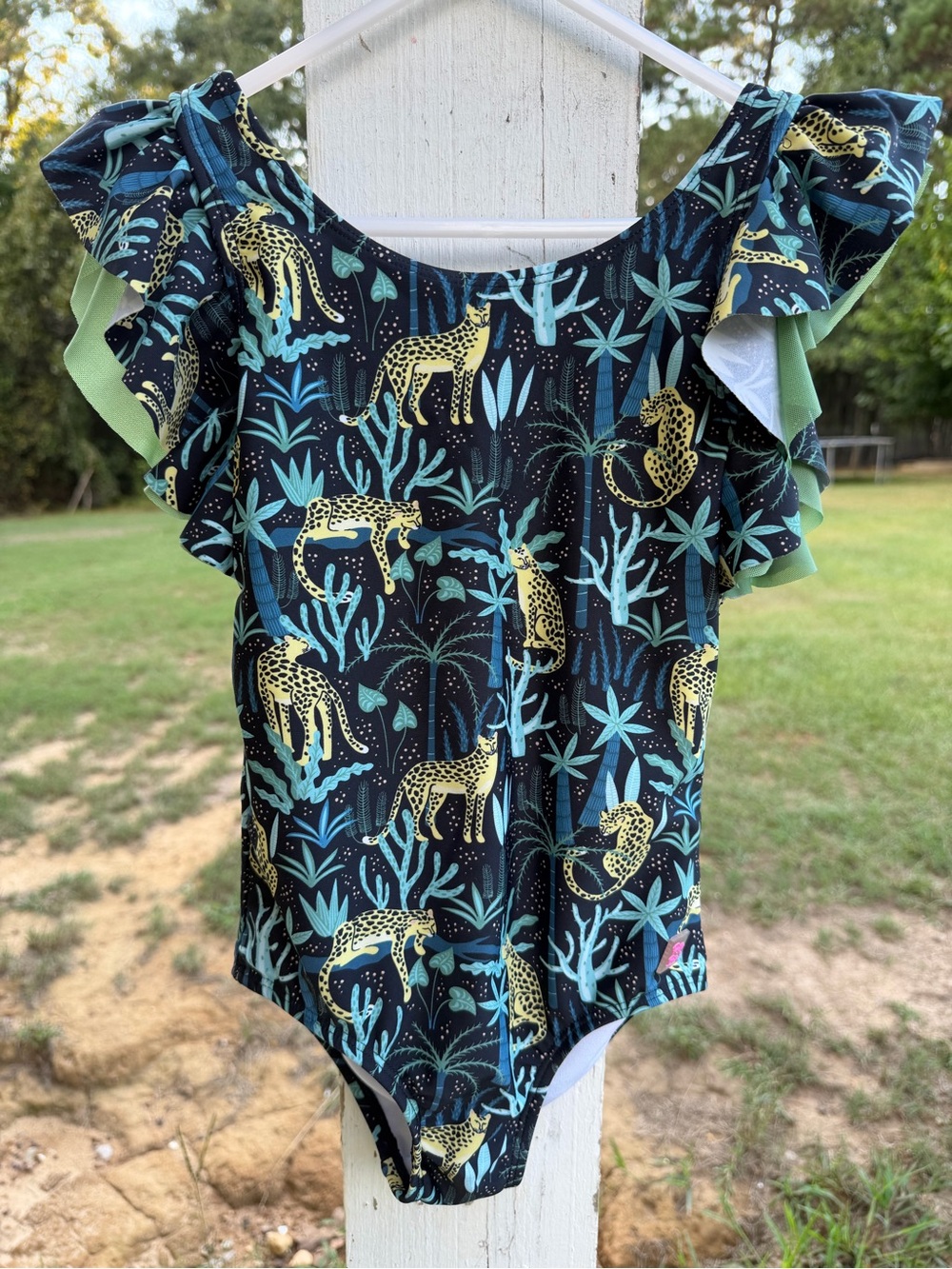 Ruffle Butts Black Leopard & Teal Botanical Ruffle Sleeve Top
